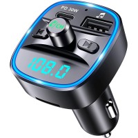 RIWUSI Bluetooth V5.0 FM Transmitter for Car, Type-C PD 30W Quick Charging Bluetooth Car Adapter with Hands-Free Calling, Wireless FM Radio Receiver Music Player/Car Kit Support SD Card & USB Disk