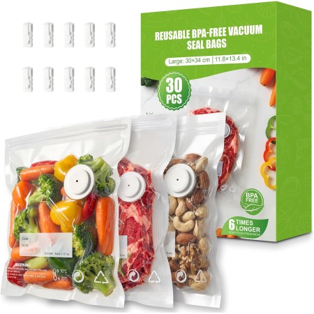 RIWUSI 30PCS Reusable Vacuum Sealer Bags for Food with Air Valve & 10 Seal Clips – Large (11.8 x 13.4 in), BPA Free Food Storage Bags,Lock in Food Freshness for Freezer, Microwave, Sous Vide Cooking