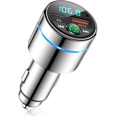 FM Transmitter for Car Bluetooth 5.3, RIWUSI [All-Metal] PD 20W & QC3.0 18W Fast Car Charger, Wireless FM Radio Car Kit Bluetooth Car Adapter, Noise Cancelling Hands-Free Call, Hi-Fi Music, Blue Light