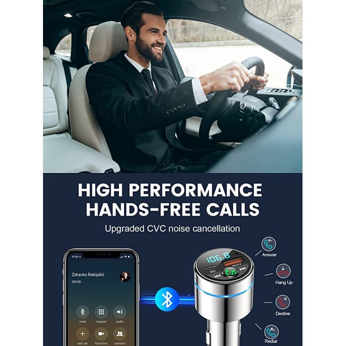 RIWUSI Bluetooth FM Transmitter for Car, [Type-C] PD 30W & QC 3.0 Quick  Charging Bluetooth Car Adapter with Hands-Free Calling, Wireless FM Radio