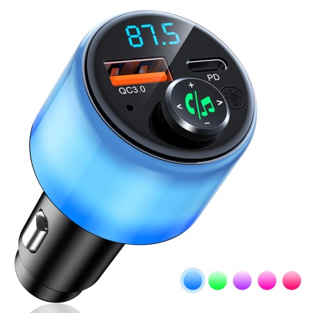 RIWUSI Bluetooth 5.3 FM Transmitter for Car, [All-Over Glow] PD 30W+QC 3.0 Dual-Port Fast Car Charger, Wireless FM Radio Bluetooth Car Adapter with Hands-Free Calling, Hi-Fi Music Player/Car Kit