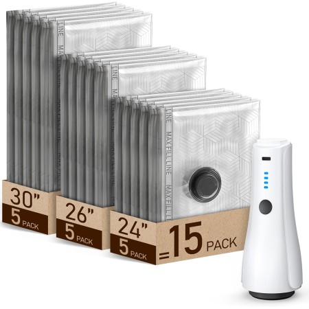 RIWUSI 15 Pack Portable Vacuum Storage Bags for Travel with Rechargeable Electric Pump, Carry-on Size Compression Packing Bags for Clothing, Blankets, Space Saver for Luggage and Suitcase