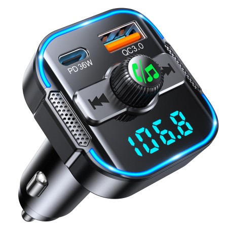 2025 Upgrade Bluetooth 5.3 Car Adapter【PD 36W+QC3.0 18W】, 2-in-1 FM Transmitter 【Dual Stronger Mics】& Fast Car Charger, Wireless Car Radio Adapter Hands-Free Car Kit, Siri Assistant Player